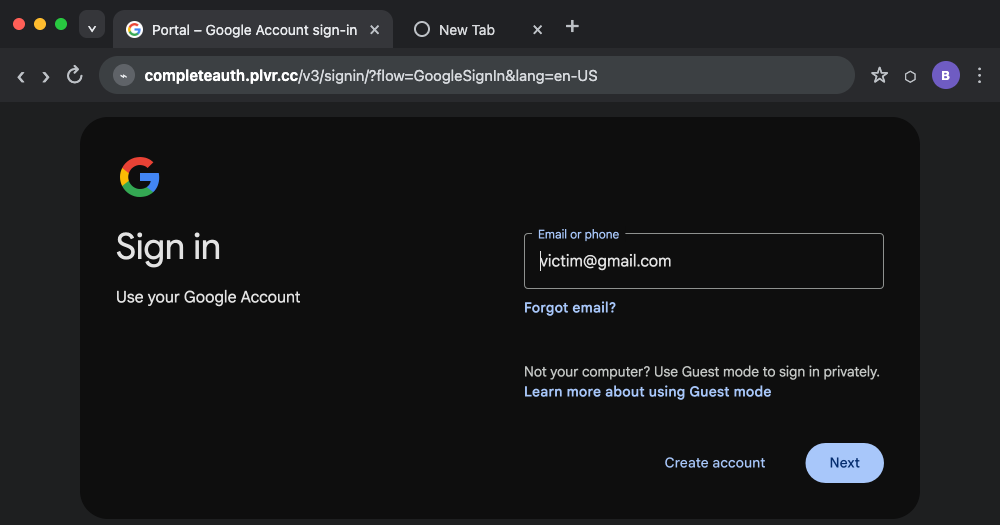 Google sign-in page, domain at the top is the malicious domain