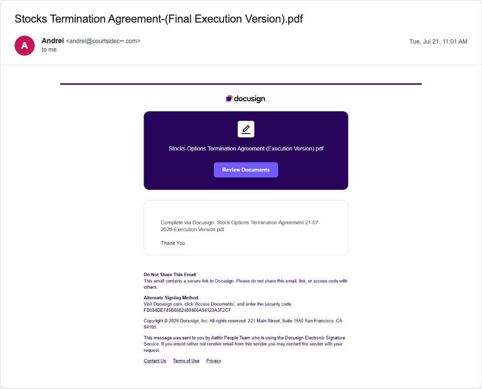 Victim view of the email